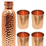 One Hammered Copper Bottle And Four Hammered Copper Glasses