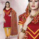 58008 Red and Yellow Chanderi Chudidar Suit