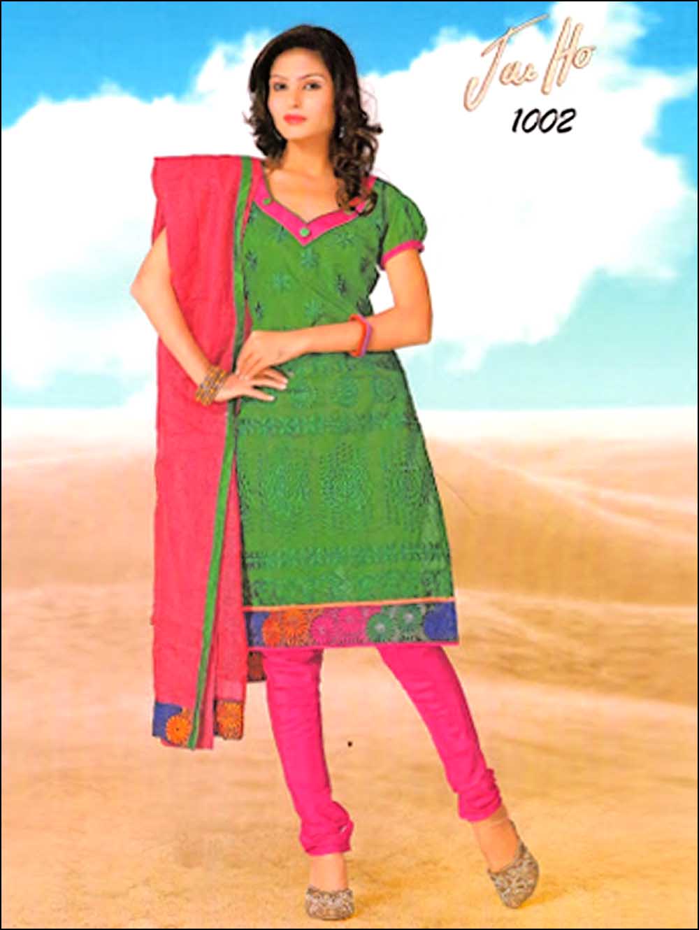 1002Green and DeepPink Chanderi Chudidar Suit