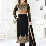 40004Black and Burlywood Party Wear Embroidered Georgette Long Straight Suit