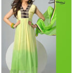 1577 Cream and Light Green Chiffon Anarkali Suit
