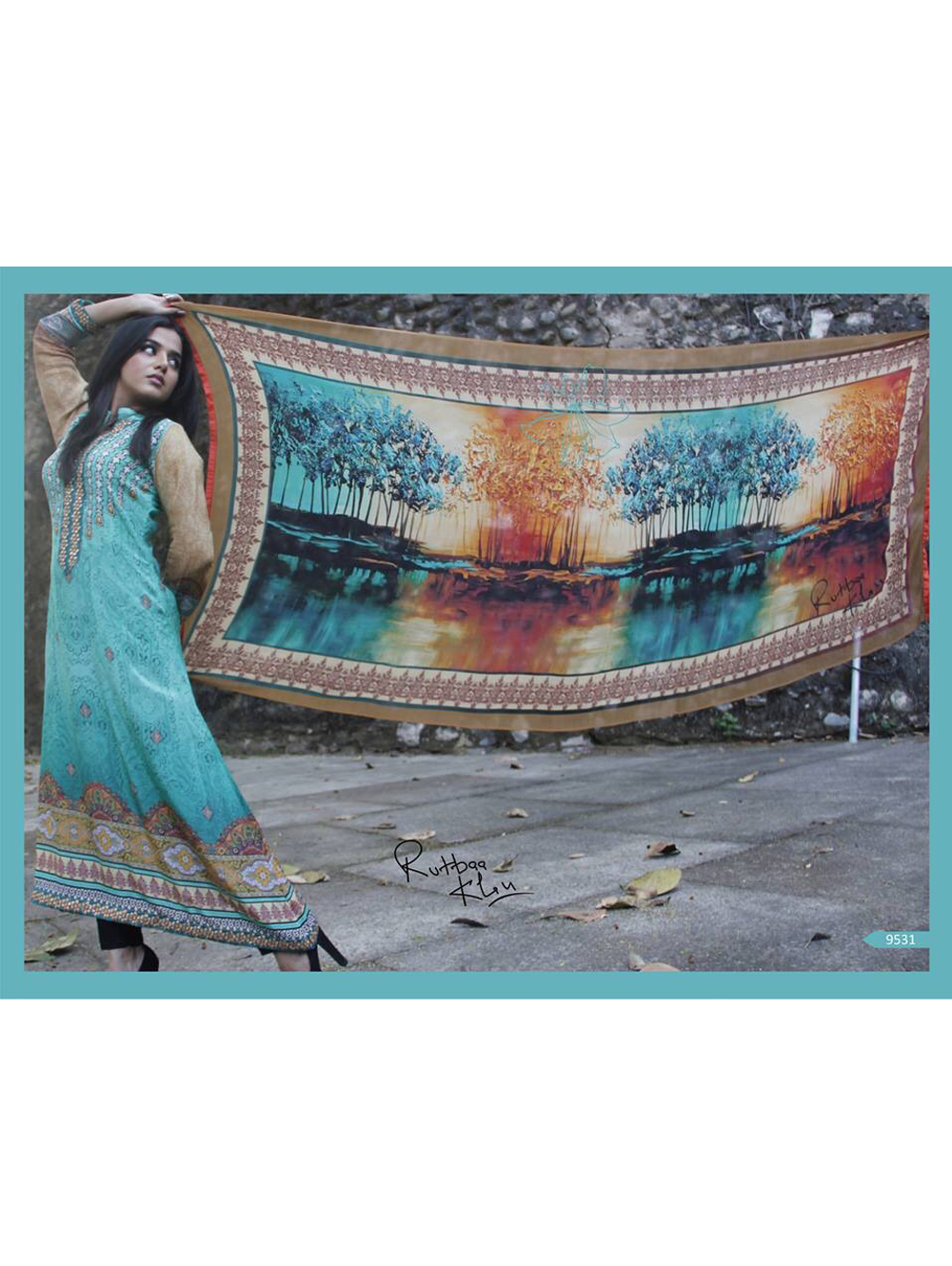 9531AquaBlue and Multicolor Party Wear Satin Pakistani Suit