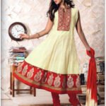 24001 Beige and Red Chanderi Anarkali Suit