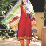0847A Red and Yellow Satin Cotton Straight Suit