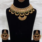 36A White And Green Small Pearl Necklaces Set with Maang Tika