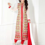 40006White and Red Party Wear Embroidered Georgette Long Straight Suit