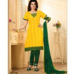 Yellow and ForestGreen Chanderi Cotton Straight Suit