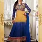 3003 Golden Yellow and Blue Georgette Anarkali Suit