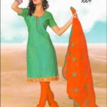 1009SeaGreen and OrangeRed Chanderi Chudidar Suit