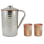 One Outside Steel Inside Copper Jug And Two Hammered Copper Glasses