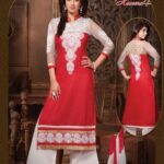 4503 White and Red Cotton Straight Suit