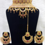 58B Maroon Stone Bridal Wear Necklace Set With Maang Tika