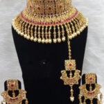 142C  Maroon Bridal Wear Necklace Set With Maang Tika