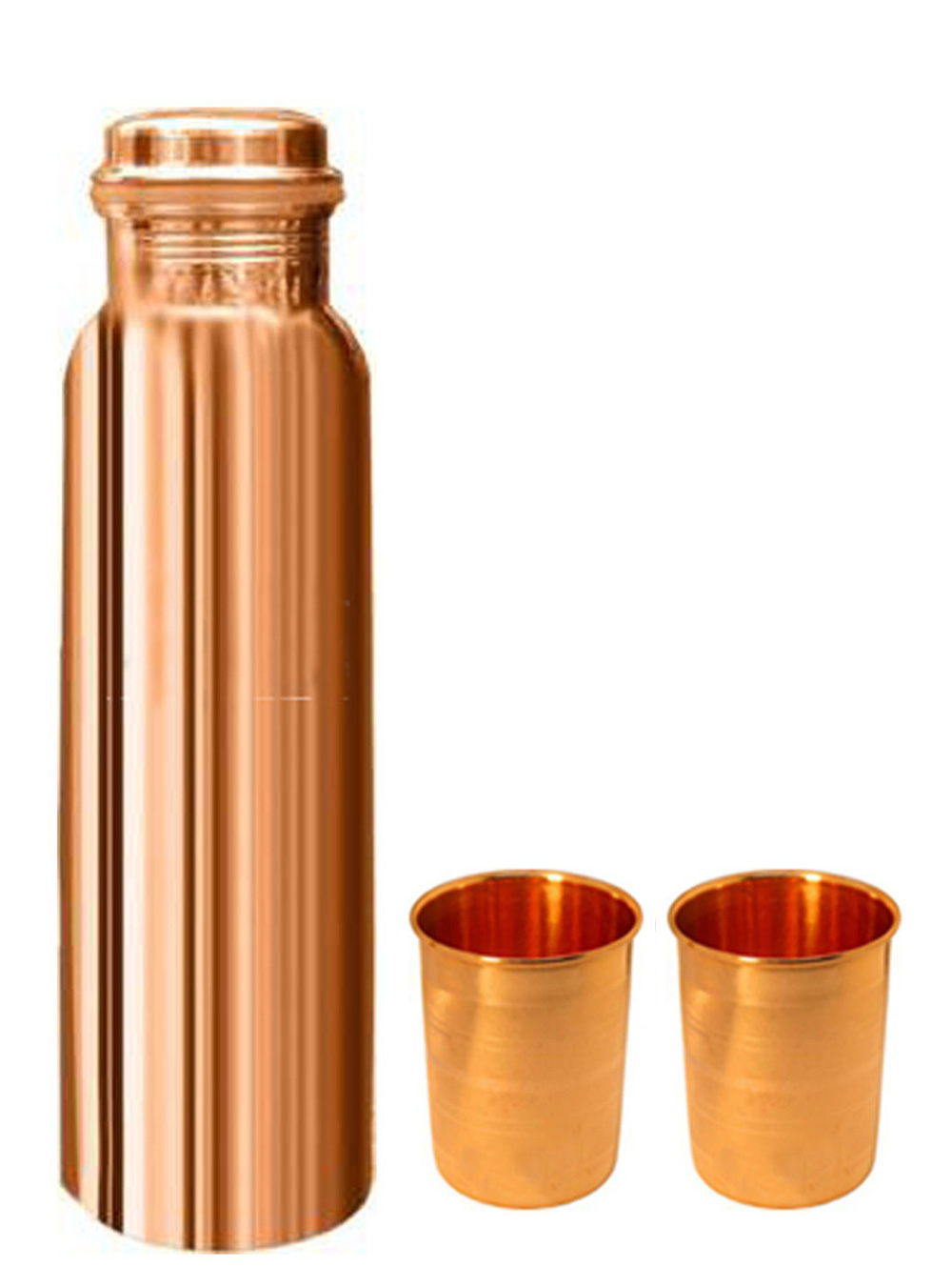 One Plain Copper Bottle And Two Emboss Copper Glasses