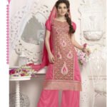 Magenta Blue and ForestGreen Designer Heavy Chanderi with Embroidered Plazo