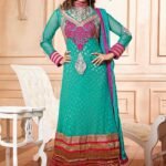 9346 Magenta and Aqua Blue Georgette Anarkali Suit