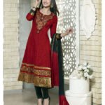 53004Red and Black Cotton Jacquard Anarkali Suit