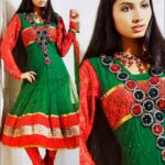 16 Orange Red and Green Net Anarkali Suit