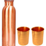 1 Plain Copper Bottle And Two Emboss Copper Glasses