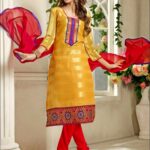7011GoldenYellow and Red Designer Brasso Straight Suit