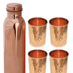 One Plain Copper Bottle And Four Hammered Copper Glasses