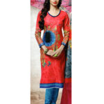 002A CarrotRed and SkyBlue Lawn Cotton Chudidar Suit