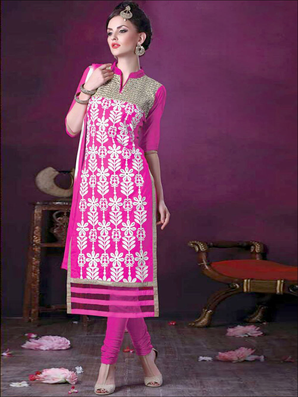 106Magenta and White Daily Wear Embroidered Satin Cotton Designer Suit