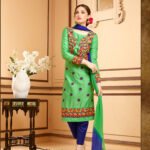 2064ParrotGreen and NavyBlue Party Wear Satin Cotton Straight Suit