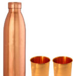 One Plain Copper Bottle And Two Emboss Copper Glasses