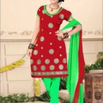 1003 Dark Red and Green Yellow Daily Wear Chanderi Salwar Suit