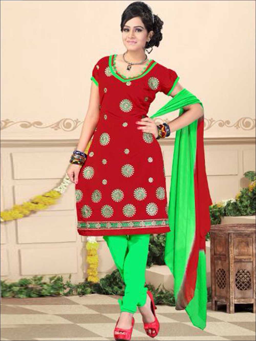 1003 Dark Red and Green Yellow Daily Wear Chanderi Salwar Suit