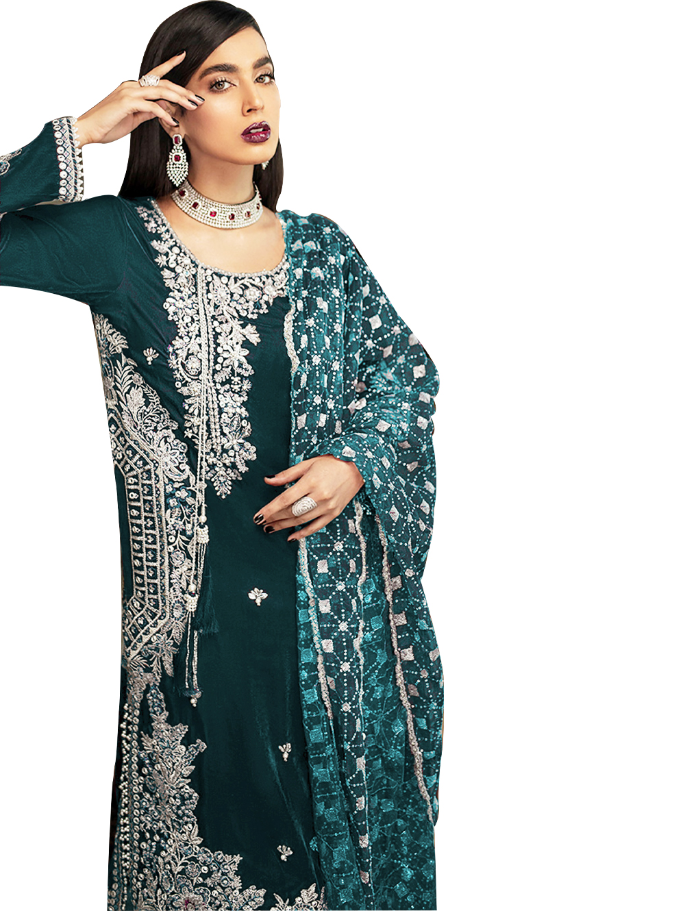 TealGreen Heavy Faux Georgette With Embroidery