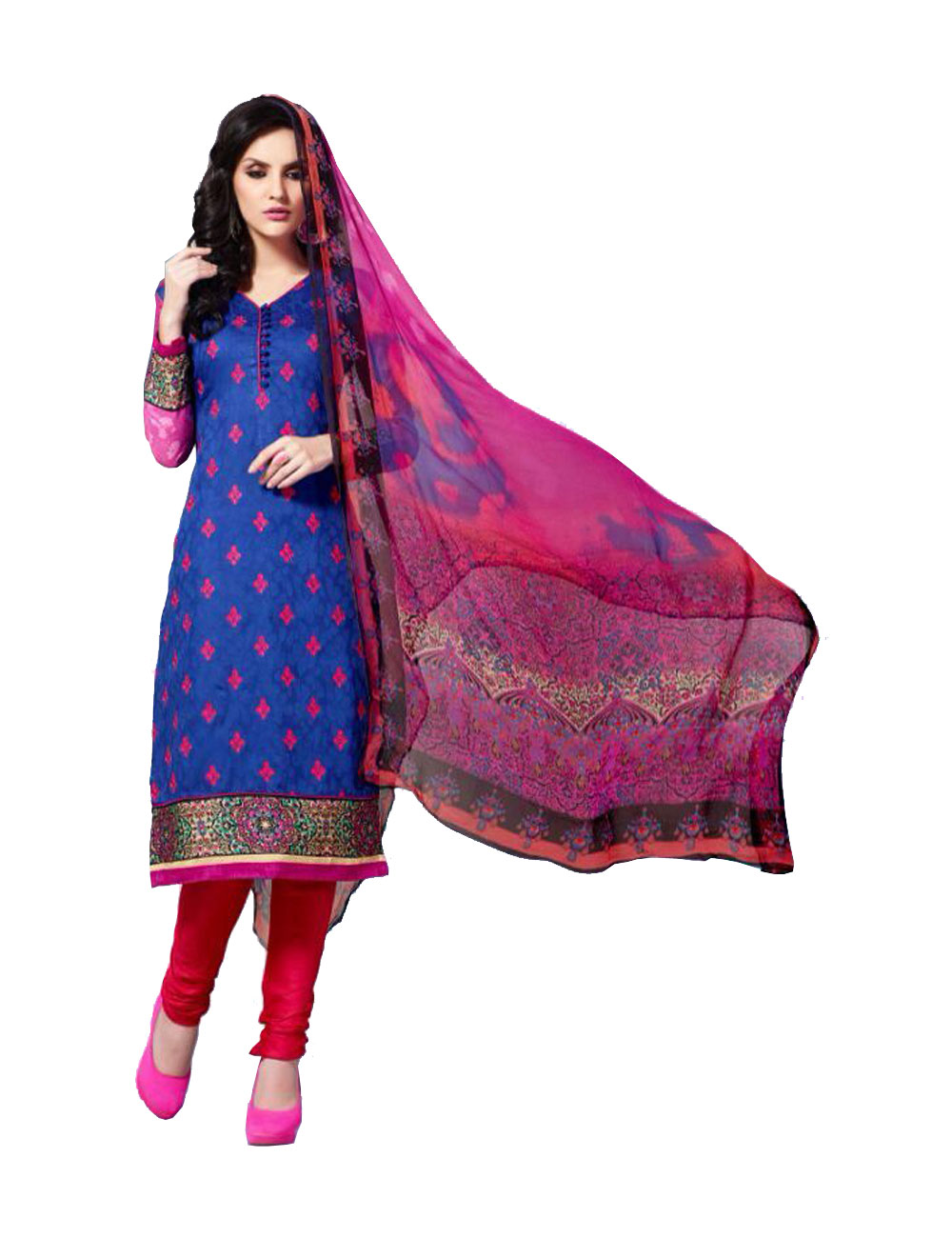 1607Blue and Red Party Wear Cotton Satin Jacquard Straight Suit