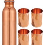 One Plain Copper Bottle And Four Plain Copper Glasses