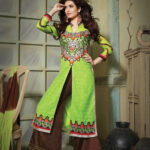 6101GreenYellow and BistreBrown Party Wear Pure Nett Straight Suit