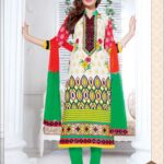 5006 White and Parrot Green Cotton Straight Suit