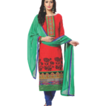 2674 Red and Sea Green Satin Cotton Straight Suit