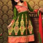 1010 Dark Olive Green and Red Georgette Anarkali Suit