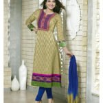 53007Stitched DarkKhaki and RoyalBlue Jacquard Anarkali Suit