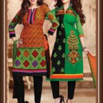 108Orange and Green Cotton Straight Suit