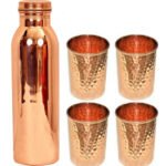 One Pure Copper Mirror Finish Plain Copper Bottle And Four Hammered Copper Glasses