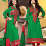 409Green and Red Embroidered Cotton Long Straight Suit