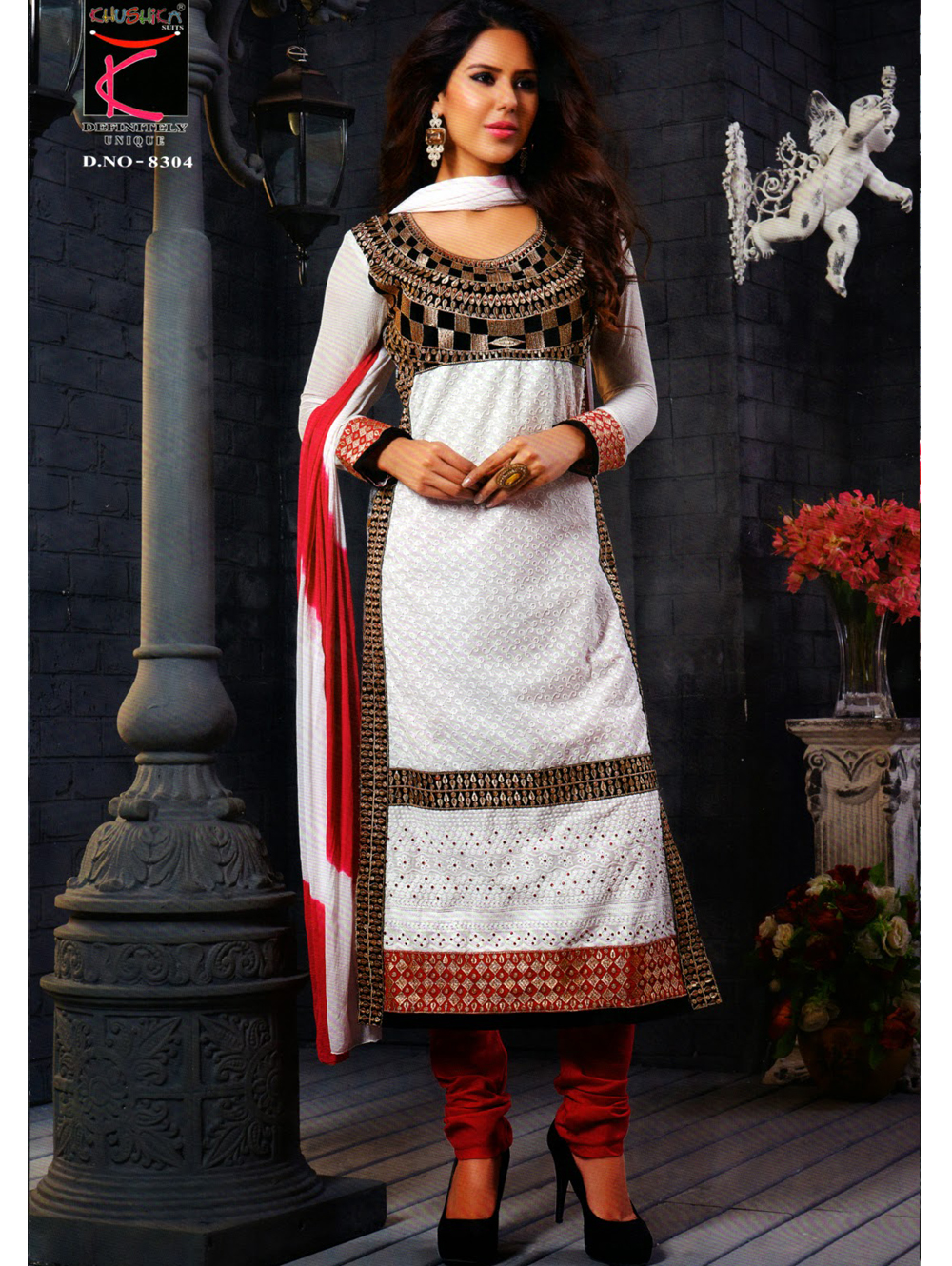 8304White and Red Straight Suit