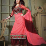 6102BrightPink and DeepMaroon Party Wear Pure Nett Straight Suit