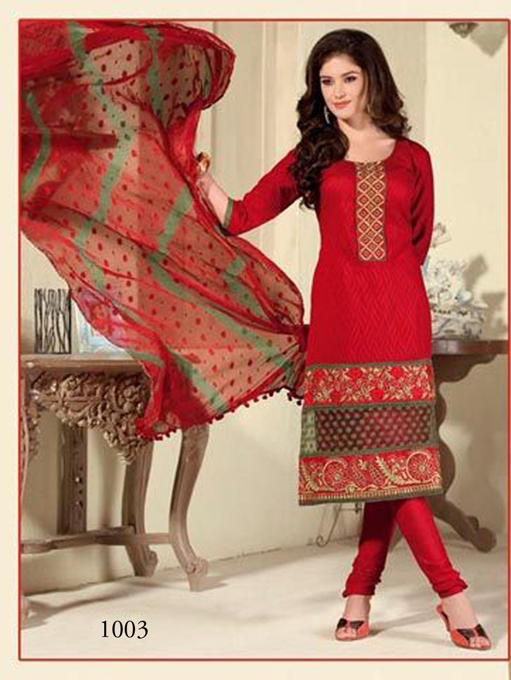20015Red and Beige Cotton Jaqcuard Party Wear Straight Suit