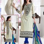 1010White and Blue Daily Wear Satin Cotton Straight Suit
