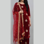 Wine Heavy Gota Patti Velvet Plazo Suit