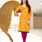 58007Turmeric Yellow and Pink Chanderi Chudidar Suit