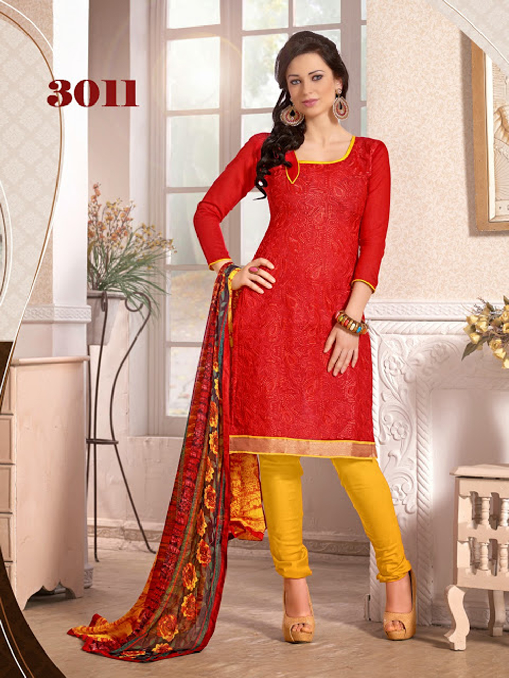 3011 Designer Red Chudidar Suit