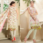 1001Ivory and Pink Printed and Embroidered Faux Georgette Party Wear Straight Suit